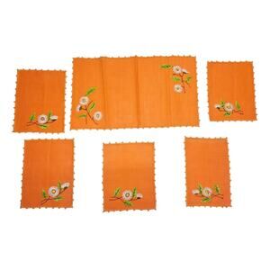 Vtg Handcrafted Table Linens Orange White Flowers Retro Granny Cottage